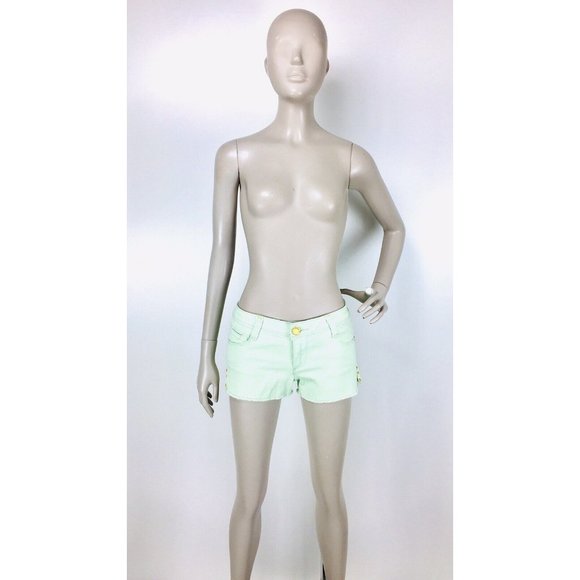 Vintage 90's Y2K Pastel Green Denim Frayed Edge Gold Studded Short Shorts - Picture 5 of 7